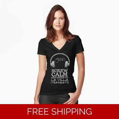 Girlie Fitted V-Neck T-Shirt Le Studio Screw Calm and Listen to La Villa Strangiato